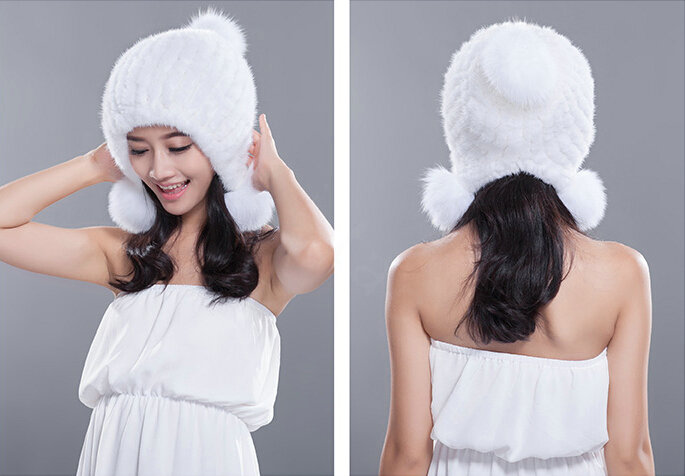 Noble Winter Genuine Mink Fur Caps With Fox Fur Pom Poms Women Knitted Bomber Hat - White