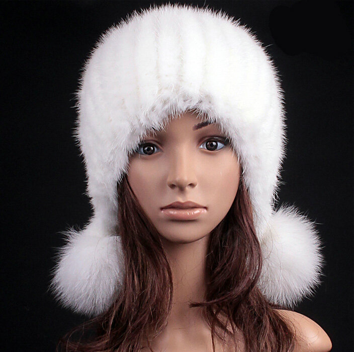Noble Winter Genuine Mink Fur Caps With Fox Fur Pom Poms Women Knitted Bomber Hat - White