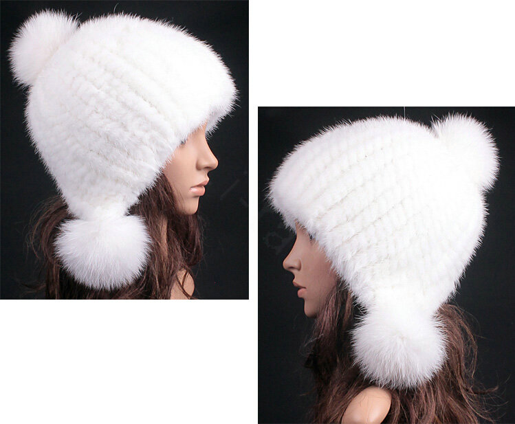 Noble Winter Genuine Mink Fur Caps With Fox Fur Pom Poms Women Knitted Bomber Hat - White