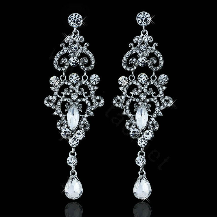 Original Design Gorgeous Chandelier Crystal Bridal Long Drop Earrings Wedding Jewelry White Gold Plated Earrings for Women