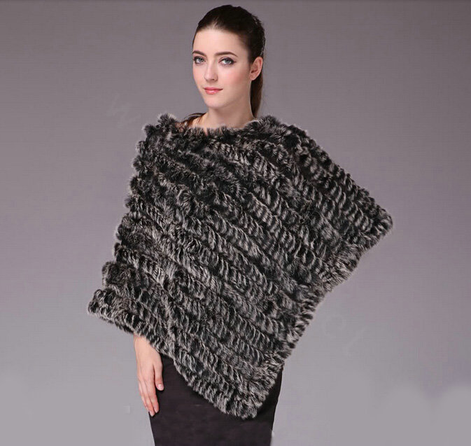 Pretty Delicate knitted Rabbit Fur Shawl Female Party Pullover Women's Triangle Fur Poncho - Black frost