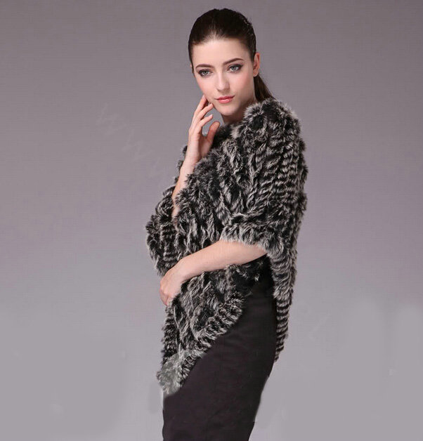 Pretty Delicate knitted Rabbit Fur Shawl Female Party Pullover Women's Triangle Fur Poncho - Black frost