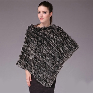 Pretty Delicate knitted Rabbit Fur Shawl Female Party Pullover Women's Triangle Fur Poncho - Black frost
