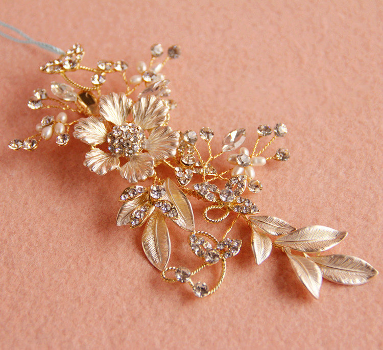 Retro Baroque Gold Plated Crystal Beads Flower Wedding Bridal Hair Barrettes Clip Accessories