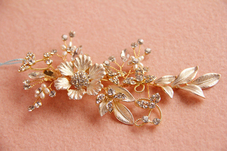 Retro Baroque Gold Plated Crystal Beads Flower Wedding Bridal Hair Barrettes Clip Accessories