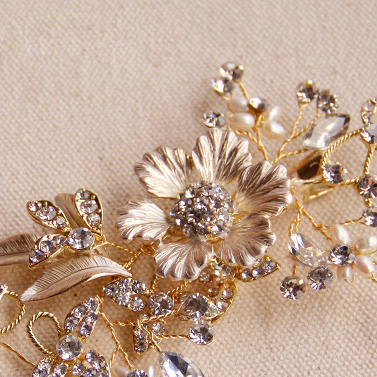 Retro Baroque Gold Plated Crystal Beads Flower Wedding Bridal Hair Barrettes Clip Accessories