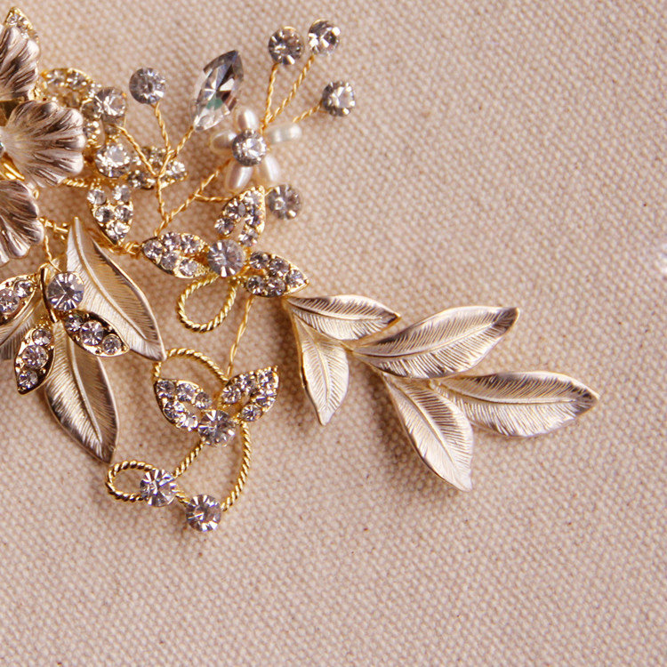 Retro Baroque Gold Plated Crystal Beads Flower Wedding Bridal Hair Barrettes Clip Accessories