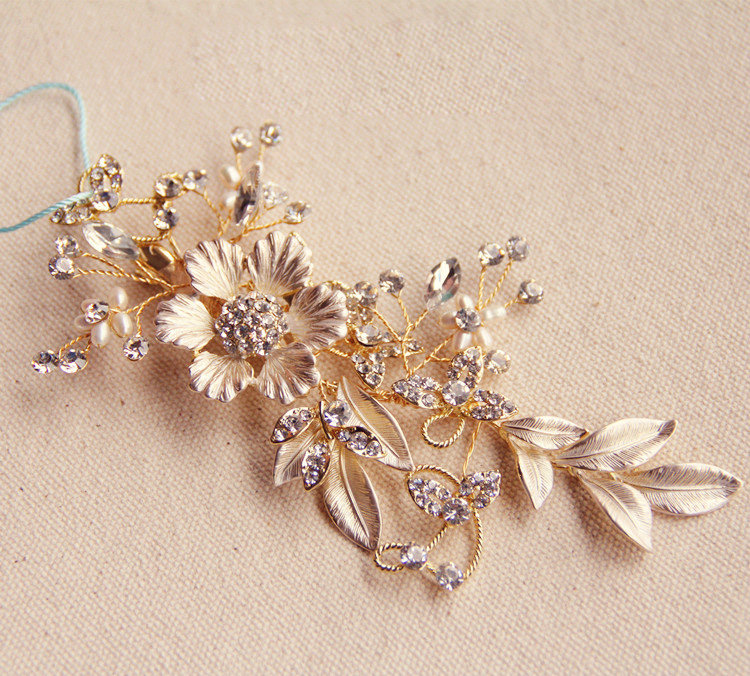 Retro Baroque Gold Plated Crystal Beads Flower Wedding Bridal Hair Barrettes Clip Accessories
