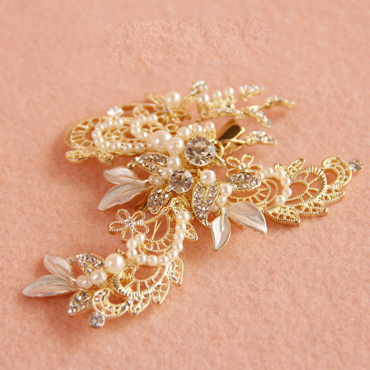 Retro Baroque Gold Plated Crystal Beads Pearl Wedding Bridal Hair Barrettes Clip Accessories