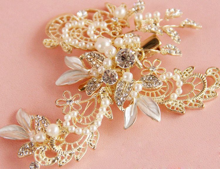 Retro Baroque Gold Plated Crystal Beads Pearl Wedding Bridal Hair Barrettes Clip Accessories
