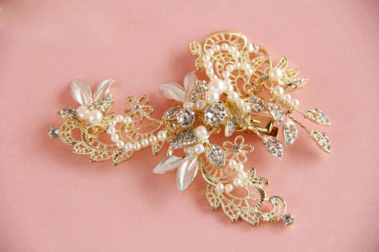 Retro Baroque Gold Plated Crystal Beads Pearl Wedding Bridal Hair Barrettes Clip Accessories