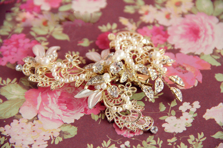 Retro Baroque Gold Plated Crystal Beads Pearl Wedding Bridal Hair Barrettes Clip Accessories
