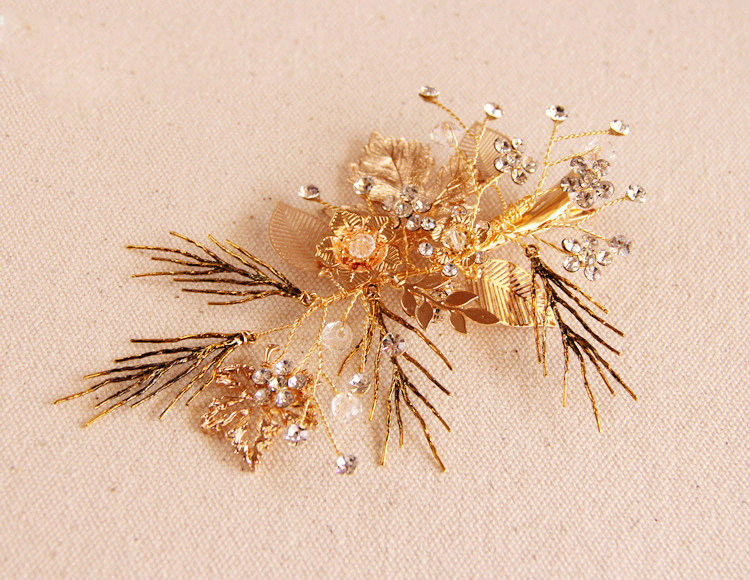 Retro Baroque Handmade Golden Leaf Crystal Beads Wedding Bridal Hair Barrettes Clip Accessories