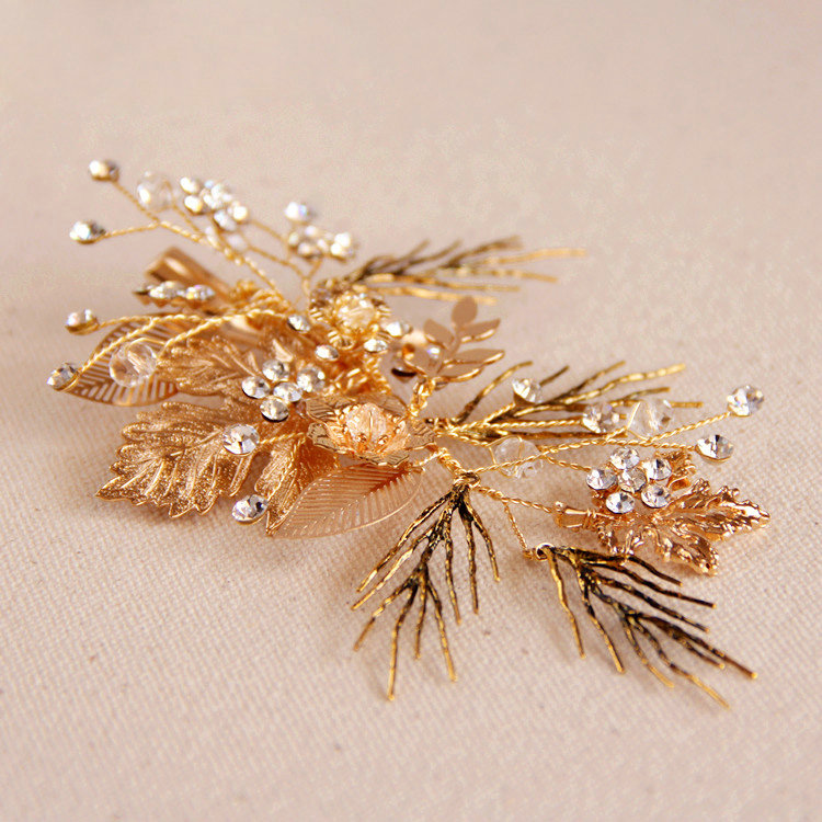 Retro Baroque Handmade Golden Leaf Crystal Beads Wedding Bridal Hair Barrettes Clip Accessories