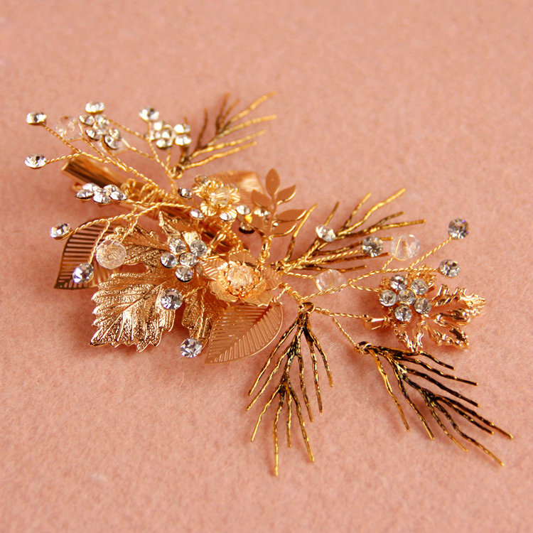 Retro Baroque Handmade Golden Leaf Crystal Beads Wedding Bridal Hair Barrettes Clip Accessories