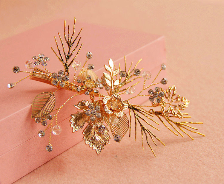 Retro Baroque Handmade Golden Leaf Crystal Beads Wedding Bridal Hair Barrettes Clip Accessories