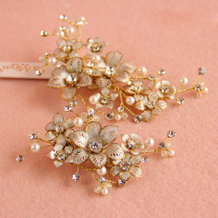 Retro Bridal Crystal Pearl Champagne Alloy Flower Wedding Women Hair Barrettes Clip Accessories