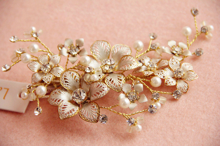 Retro Bridal Crystal Pearl Champagne Alloy Flower Wedding Women Hair Barrettes Clip Accessories