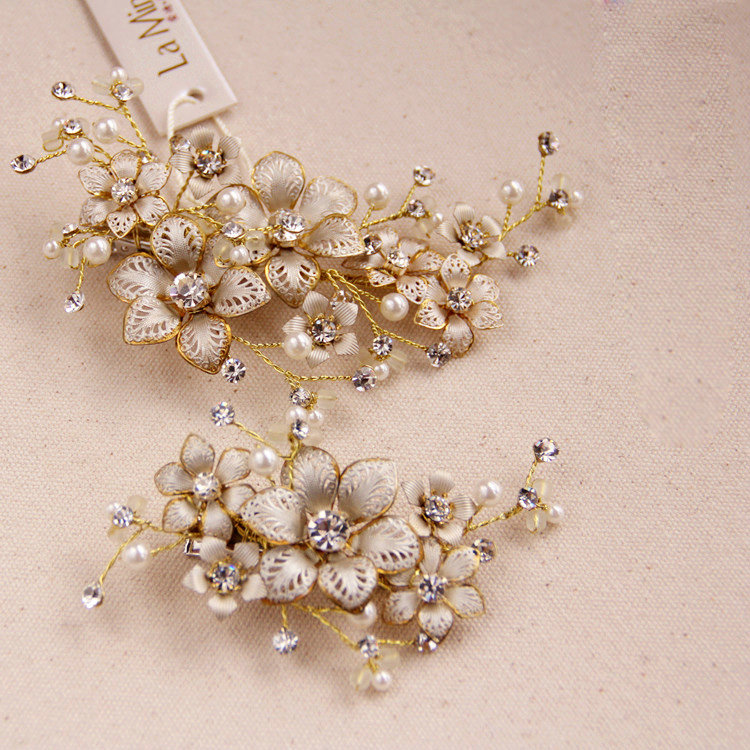Retro Bridal Crystal Pearl Champagne Alloy Flower Wedding Women Hair Barrettes Clip Accessories
