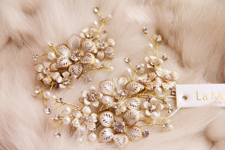 Retro Bridal Crystal Pearl Champagne Alloy Flower Wedding Women Hair Barrettes Clip Accessories