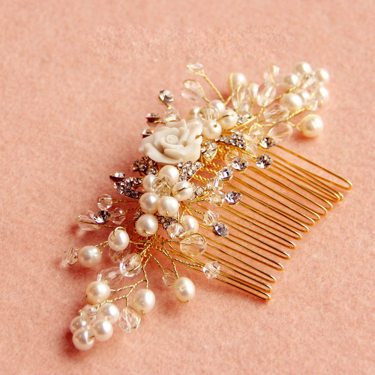 Retro Bridal Gold Plated Crystal Beads Pearl Flower Wedding Headpiece Hair Combs Accessories
