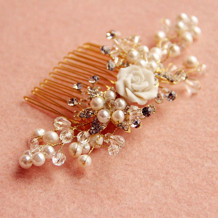 Retro Bridal Gold Plated Crystal Beads Pearl Flower Wedding Headpiece Hair Combs Accessories