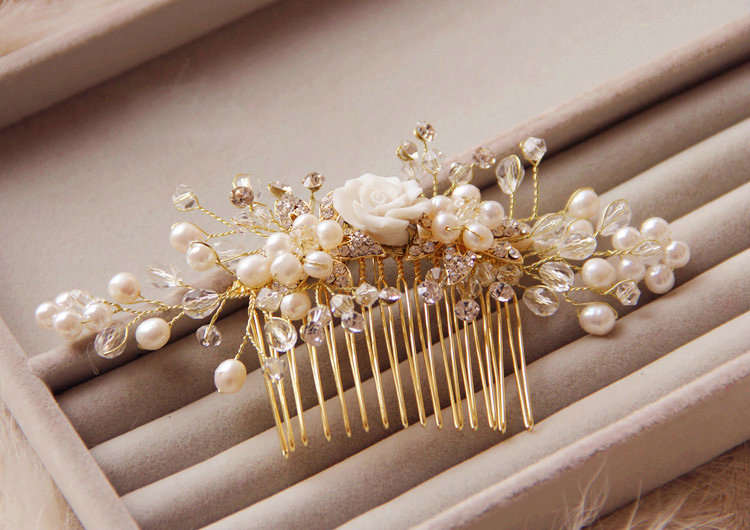 Retro Bridal Gold Plated Crystal Beads Pearl Flower Wedding Headpiece Hair Combs Accessories
