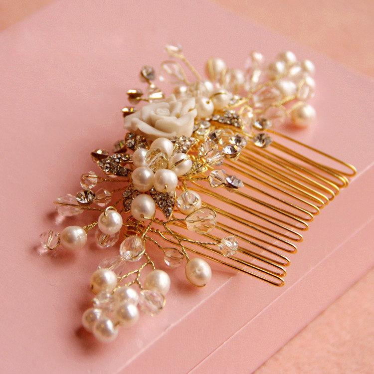 Retro Bridal Gold Plated Crystal Beads Pearl Flower Wedding Headpiece Hair Combs Accessories