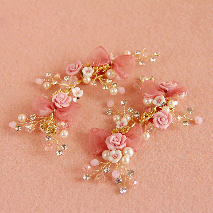 Retro Frosted Gold Plated Crystal Pearl Pink Flower Wedding Bridal Hair Barrettes Clip Accessories