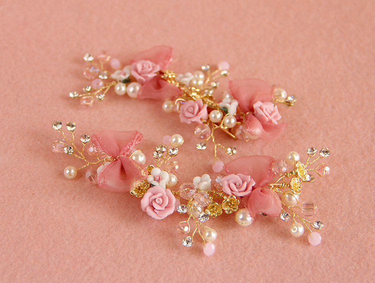 Retro Frosted Gold Plated Crystal Pearl Pink Flower Wedding Bridal Hair Barrettes Clip Accessories
