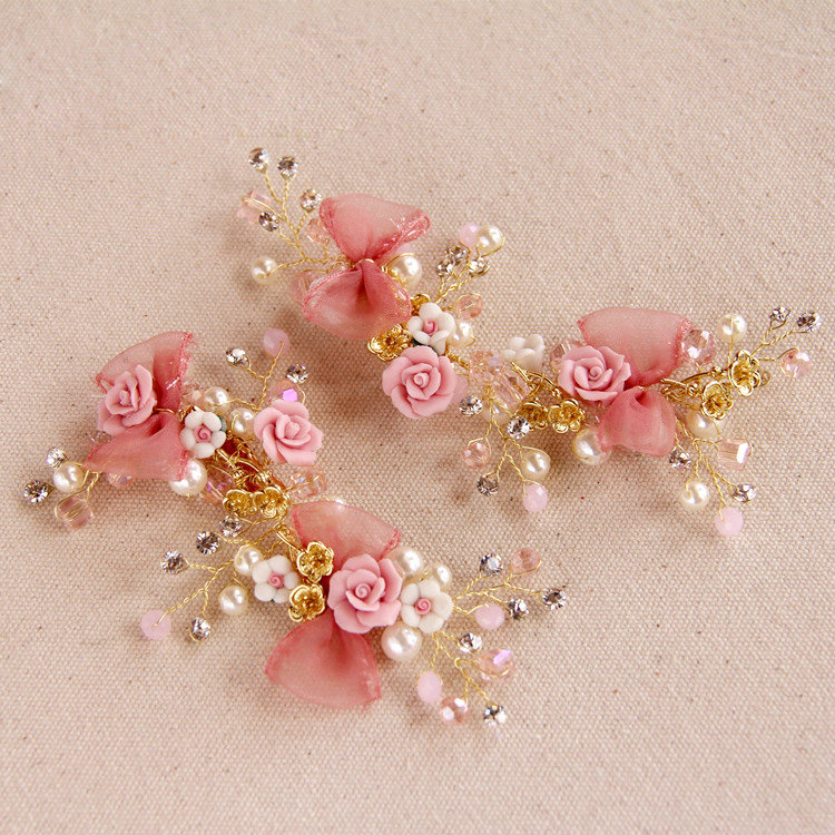 Retro Frosted Gold Plated Crystal Pearl Pink Flower Wedding Bridal Hair Barrettes Clip Accessories