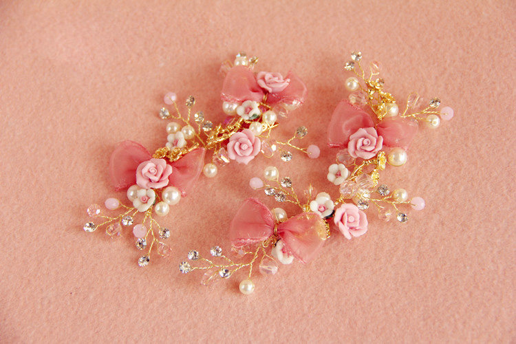 Retro Frosted Gold Plated Crystal Pearl Pink Flower Wedding Bridal Hair Barrettes Clip Accessories