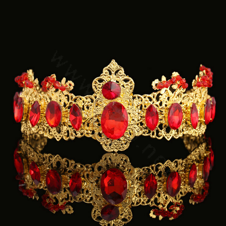 Retro Red Rhinestone Baroque Crown Headbands Bridal Luxury Gold Tiara Brides Hair Jewelry Accessory