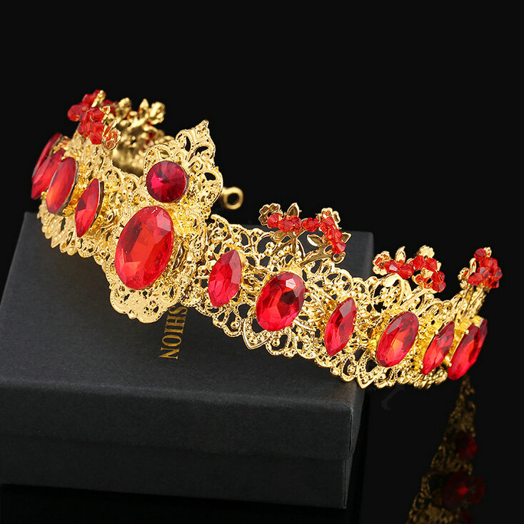 Retro Red Rhinestone Baroque Crown Headbands Bridal Luxury Gold Tiara Brides Hair Jewelry Accessory
