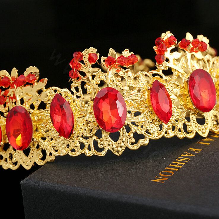 Retro Red Rhinestone Baroque Crown Headbands Bridal Luxury Gold Tiara Brides Hair Jewelry Accessory