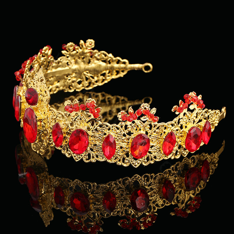 Retro Red Rhinestone Baroque Crown Headbands Bridal Luxury Gold Tiara Brides Hair Jewelry Accessory