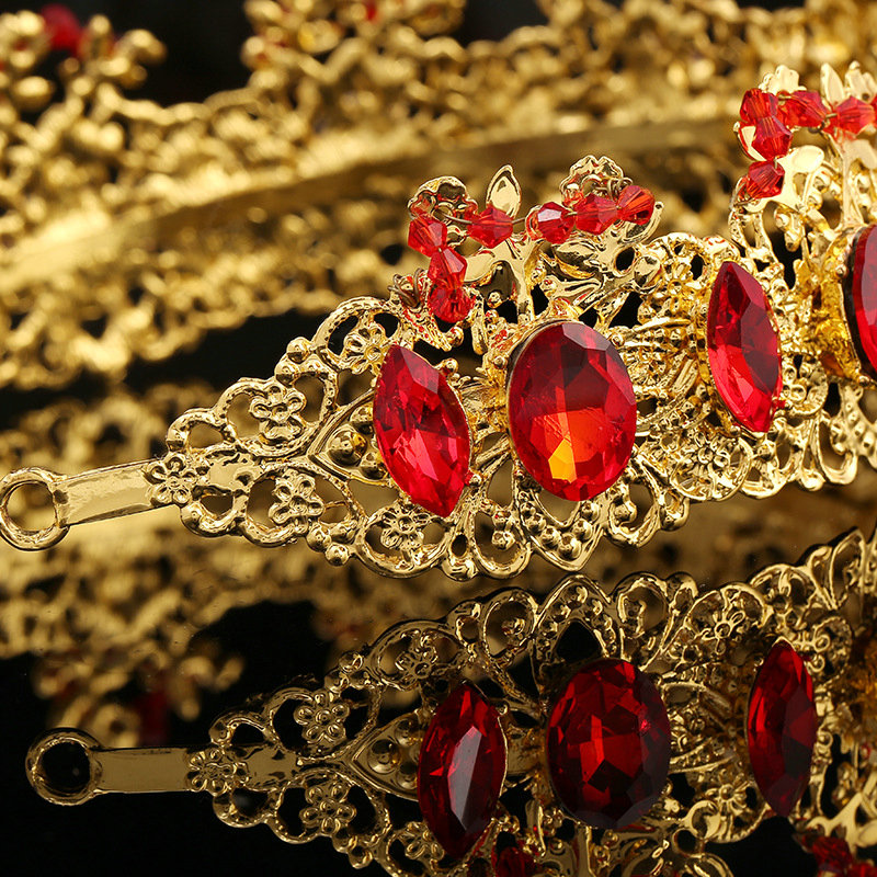 Retro Red Rhinestone Baroque Crown Headbands Bridal Luxury Gold Tiara Brides Hair Jewelry Accessory