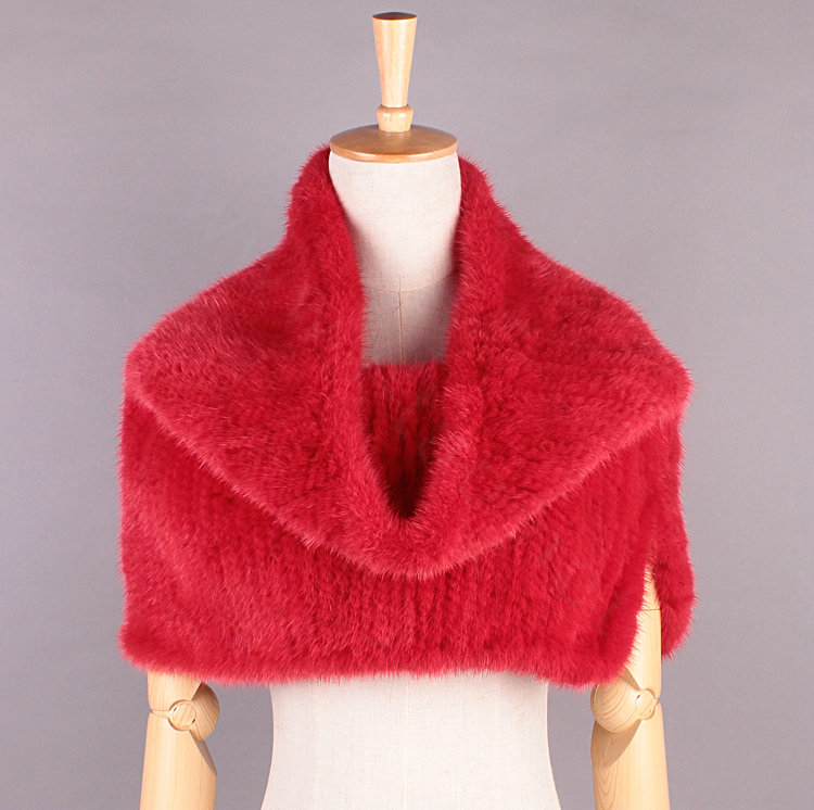 Romantic Winter Women Knitted Genuine Mink Fur Shawl Scarf Thick Fur Collars Wraps - Red