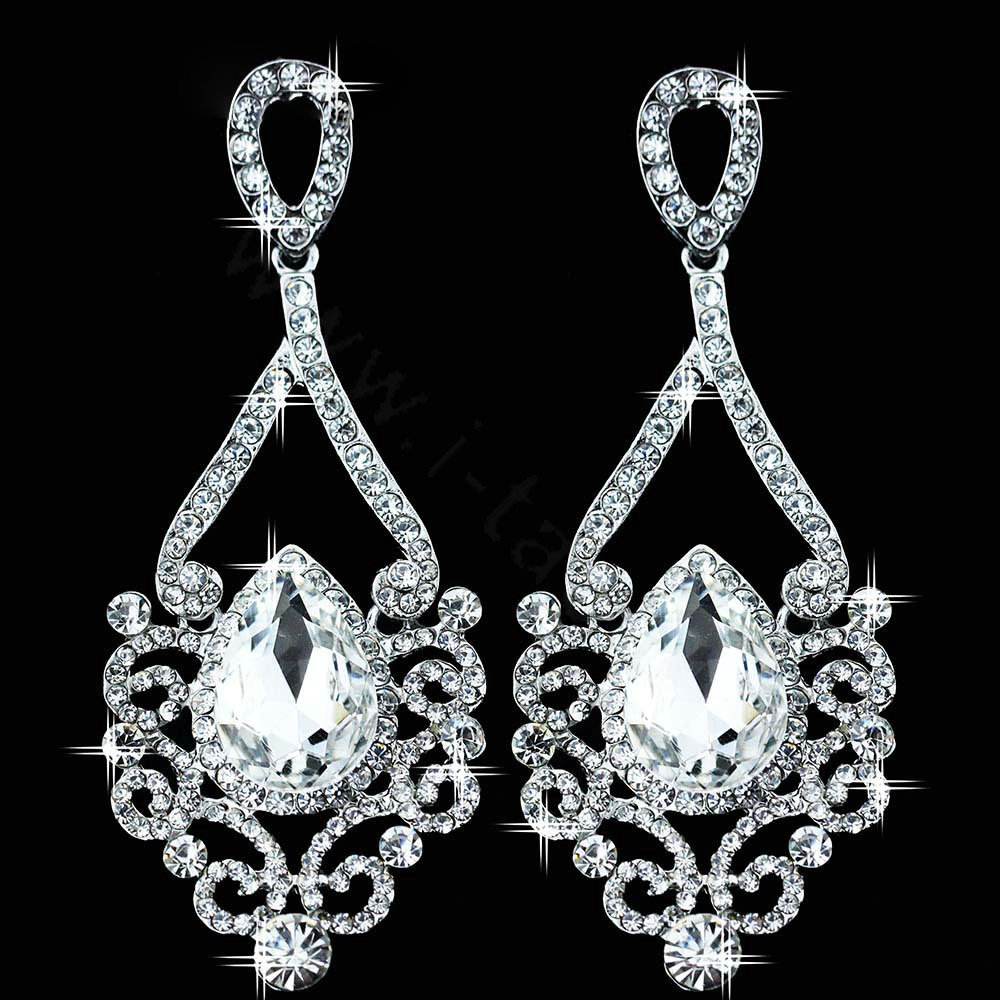 Silver Classic Water Drop Elegant Austrian Crystal Bridal Drop Earrings Wedding Jewelry Big Earrings for Women