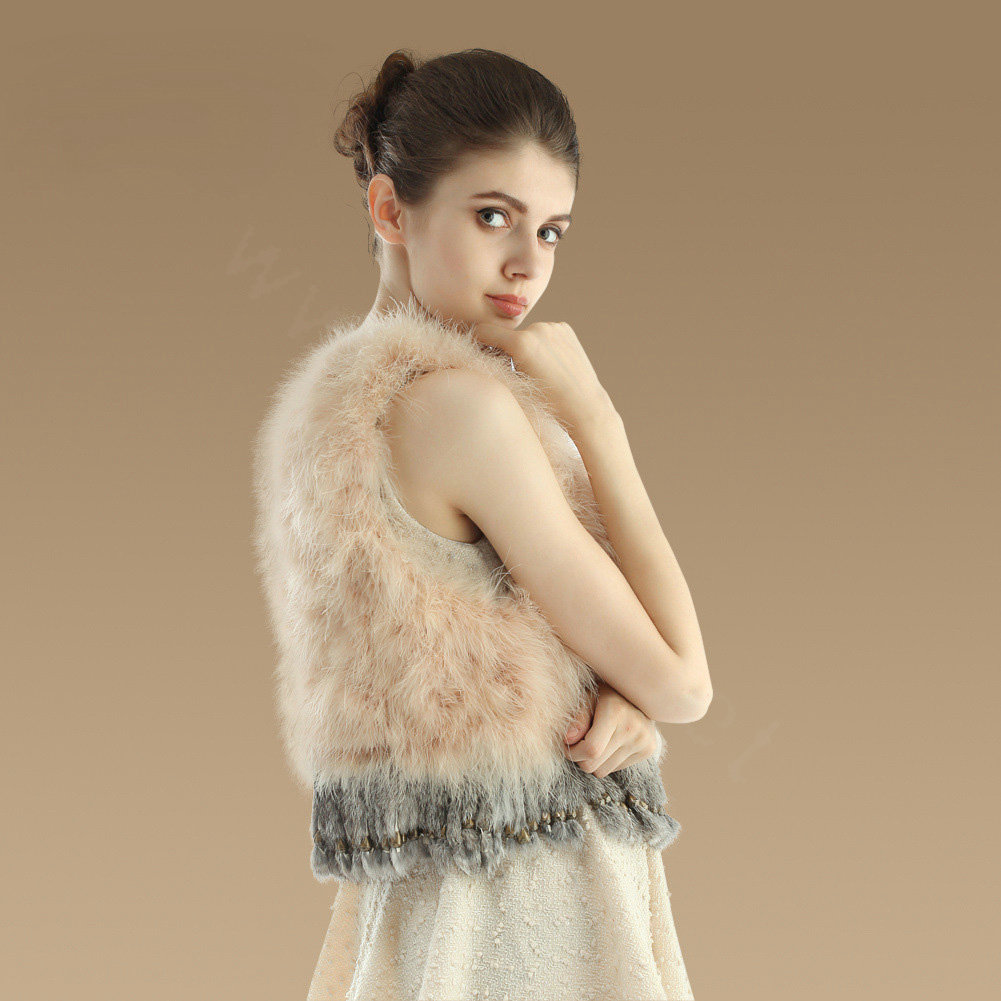 Sweety Nature Turkey Fur Vest With Ostrich Fur Waistcoat Fashion Women Fur Tassels Gilet - Beige