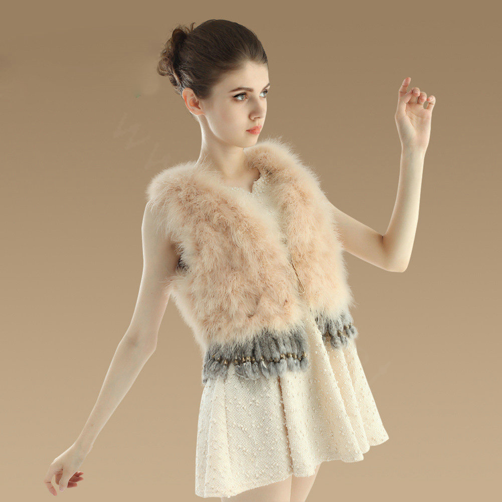 Sweety Nature Turkey Fur Vest With Ostrich Fur Waistcoat Fashion Women Fur Tassels Gilet - Beige