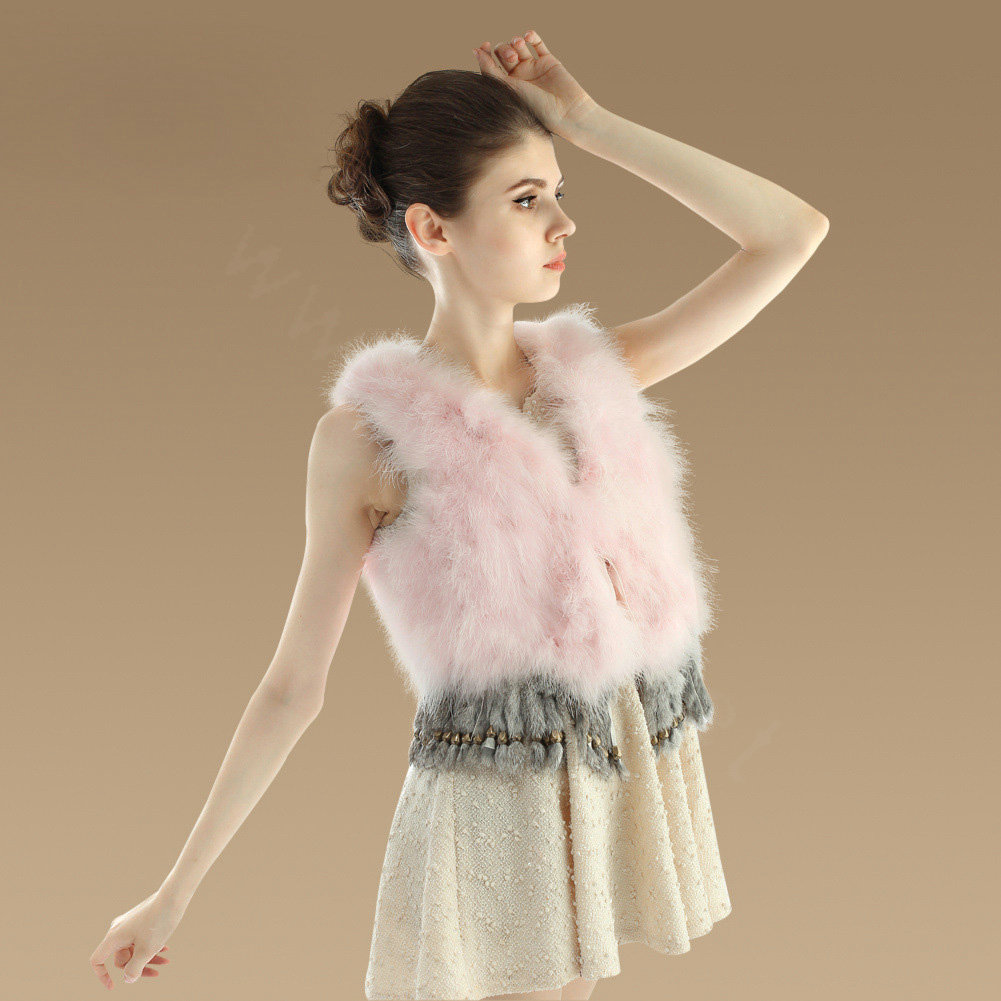 Sweety Nature Turkey Fur Vest With Ostrich Fur Waistcoat Fashion Women Fur Tassels Gilet - Pink