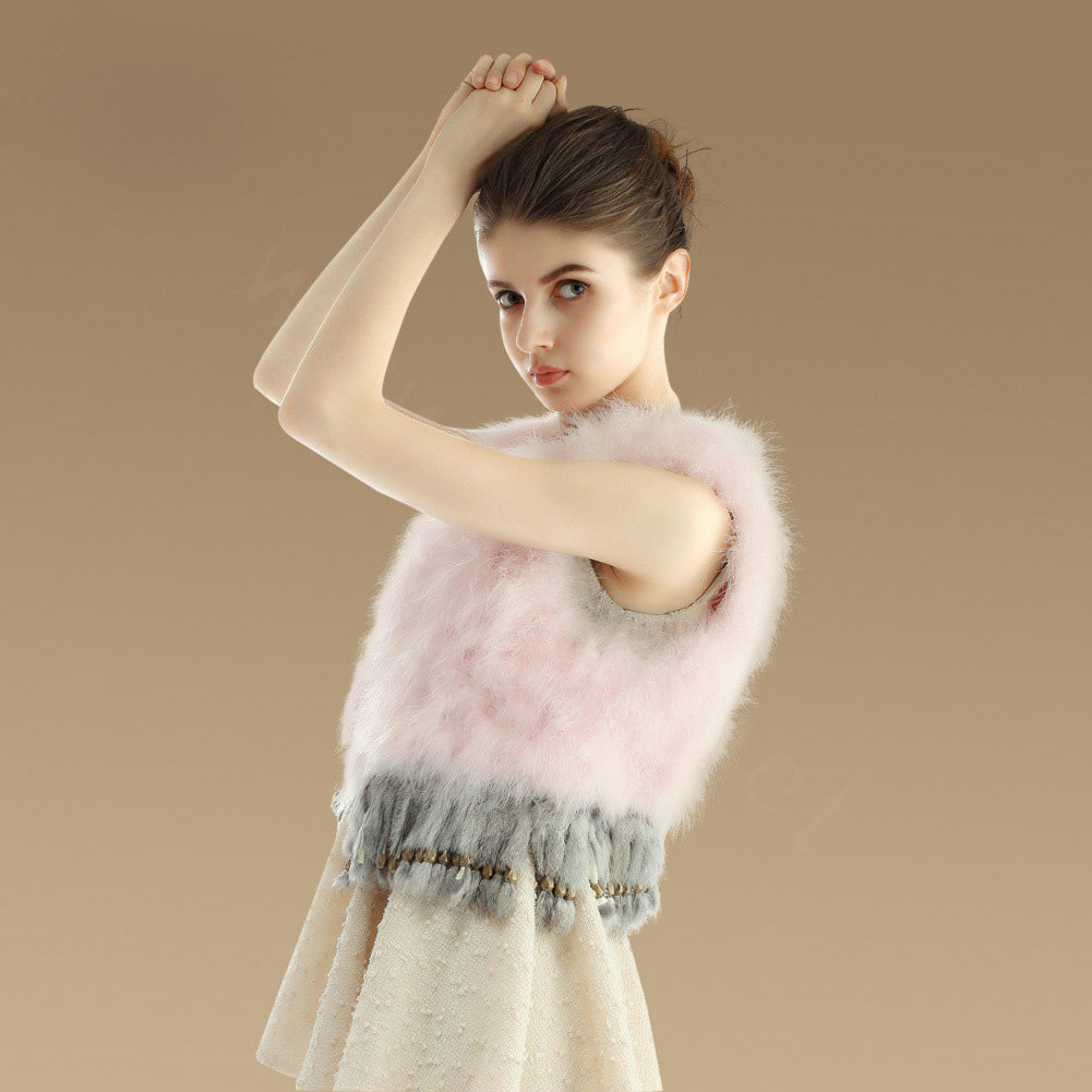 Sweety Nature Turkey Fur Vest With Ostrich Fur Waistcoat Fashion Women Fur Tassels Gilet - Pink