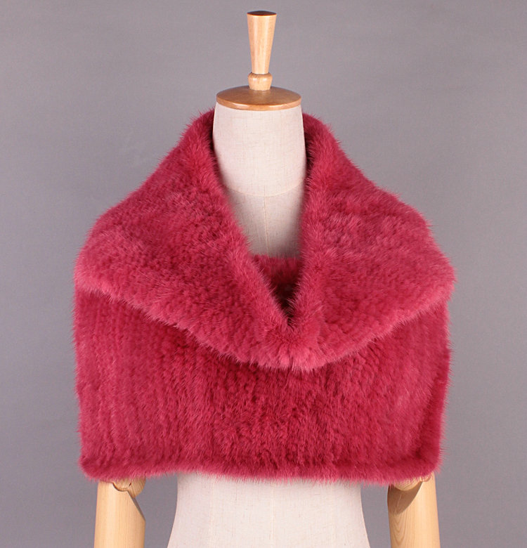 Sweety Winter Women Knitted Genuine Mink Fur Shawl Scarf Thick Fur Collars Wraps - Light Red