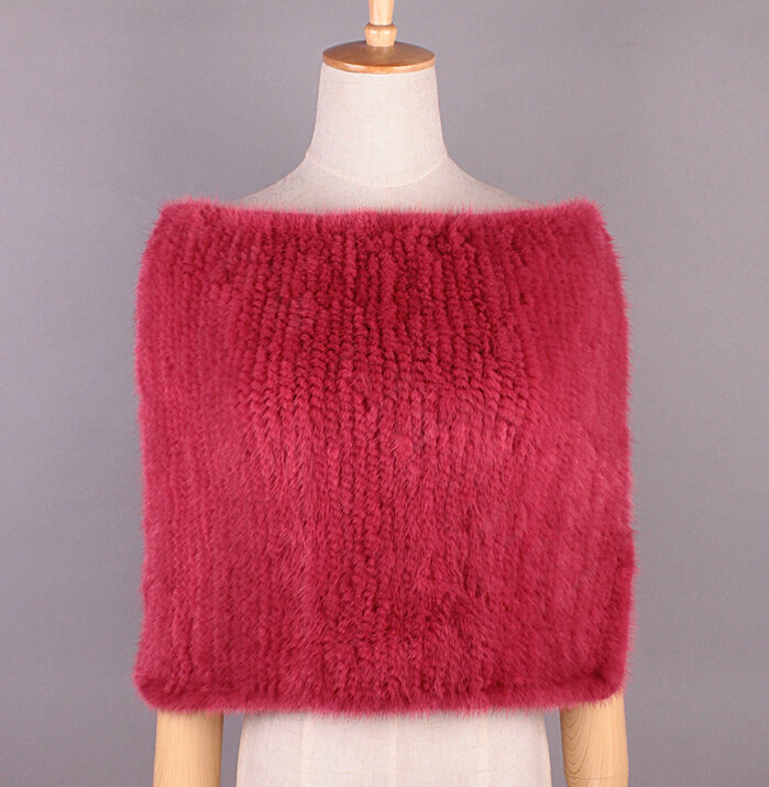 Sweety Winter Women Knitted Genuine Mink Fur Shawl Scarf Thick Fur Collars Wraps - Light Red
