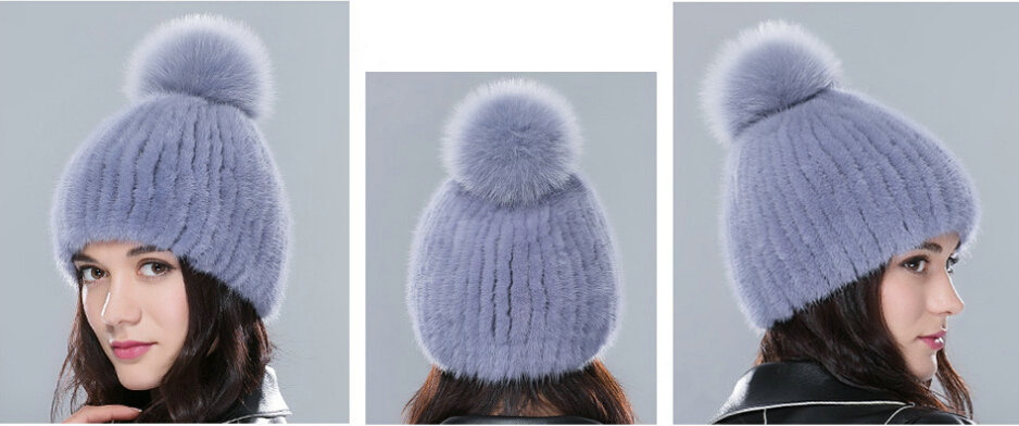 Top Quality Genuine Whole Mink Fur Hats With Fox Fur Ball Women Winter Knitted Beanies - Blue