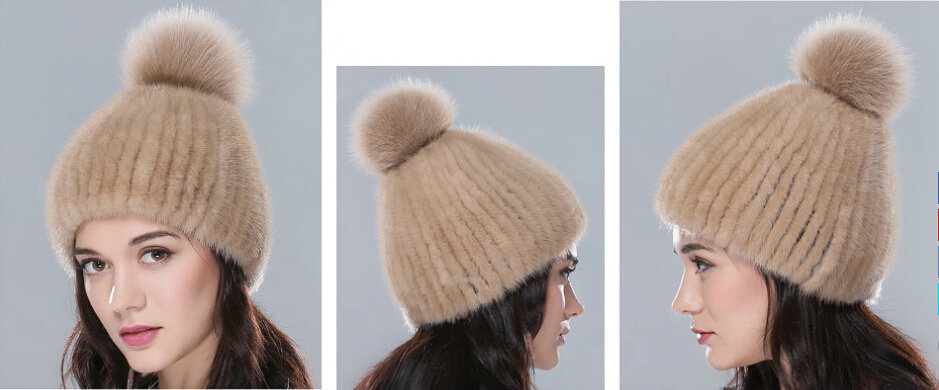 Top Quality Genuine Whole Mink Fur Hats With Fox Fur Ball Women Winter Knitted Beanies - Camel