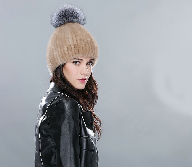 Top Quality Genuine Whole Mink Fur Hats With Silver Fox Fur Ball Women Winter Knitted Beanies - Camel
