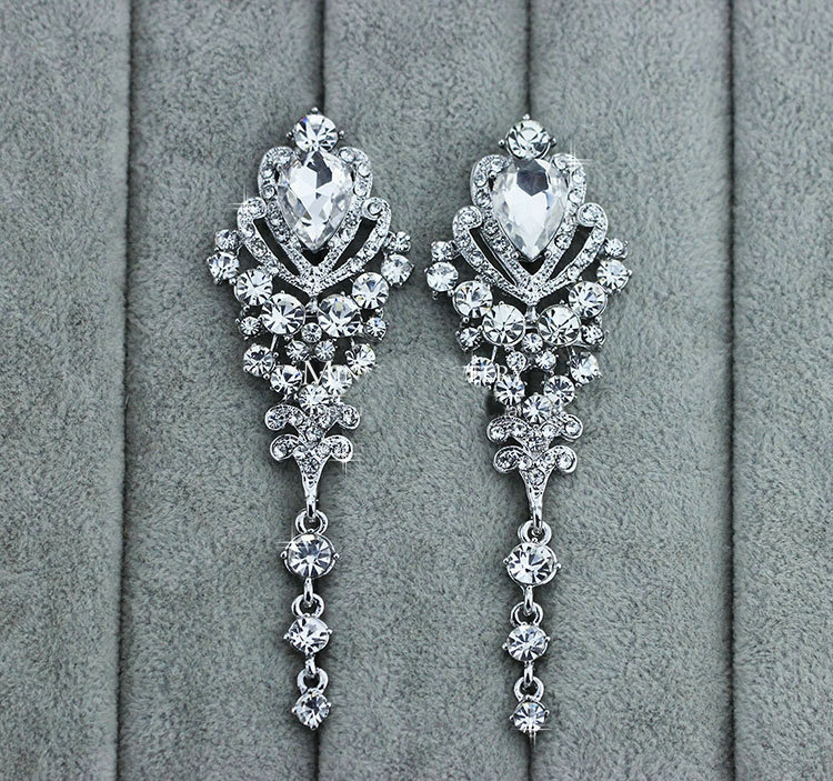 Top Quality Luxurious Trendy Waterdrop Crystal Bridal Earrings White K Plated Long Earrings for Women