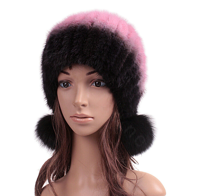 Unique Real Mink Fur Hat With Fox Fur Balls Women Winter Knitted Beanies Dome Caps - Black Pink